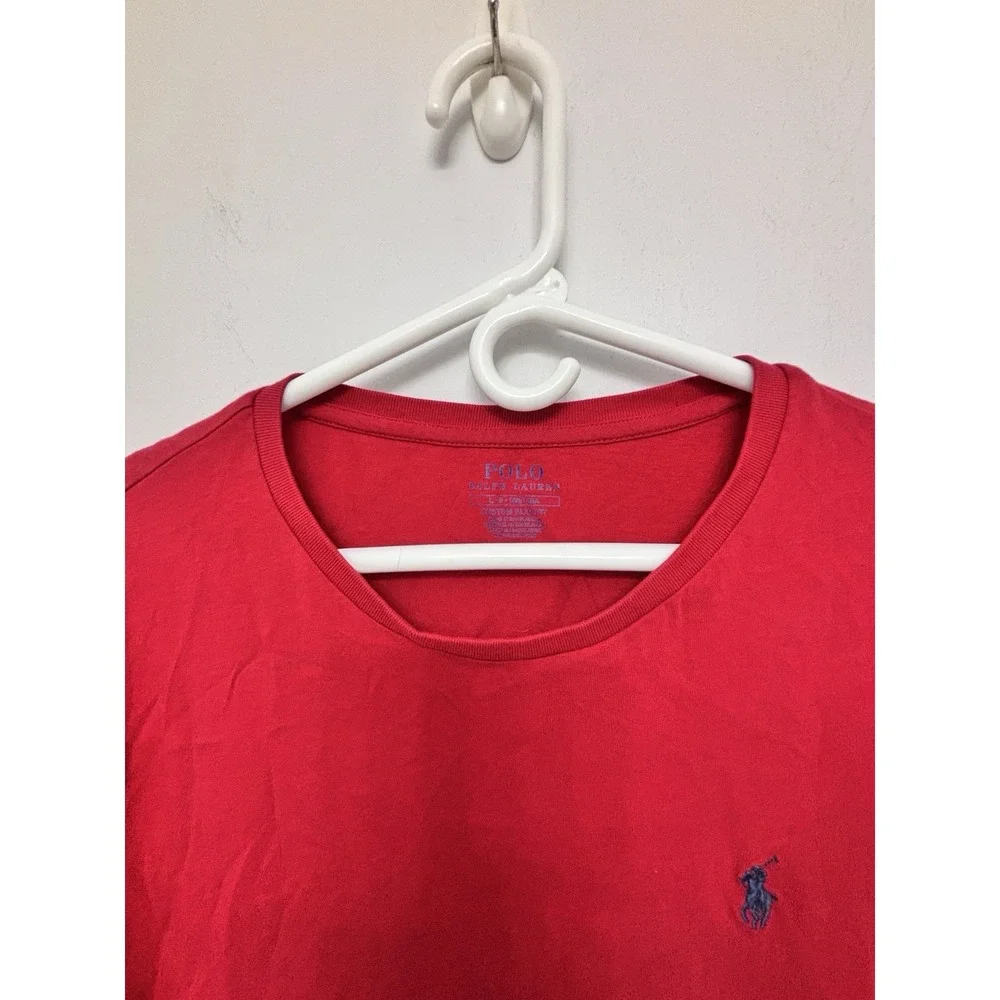 Polo Ralph Lauren Large Red Slim Fit Tee Blue Logo 46x28 Clean Short Sleeve